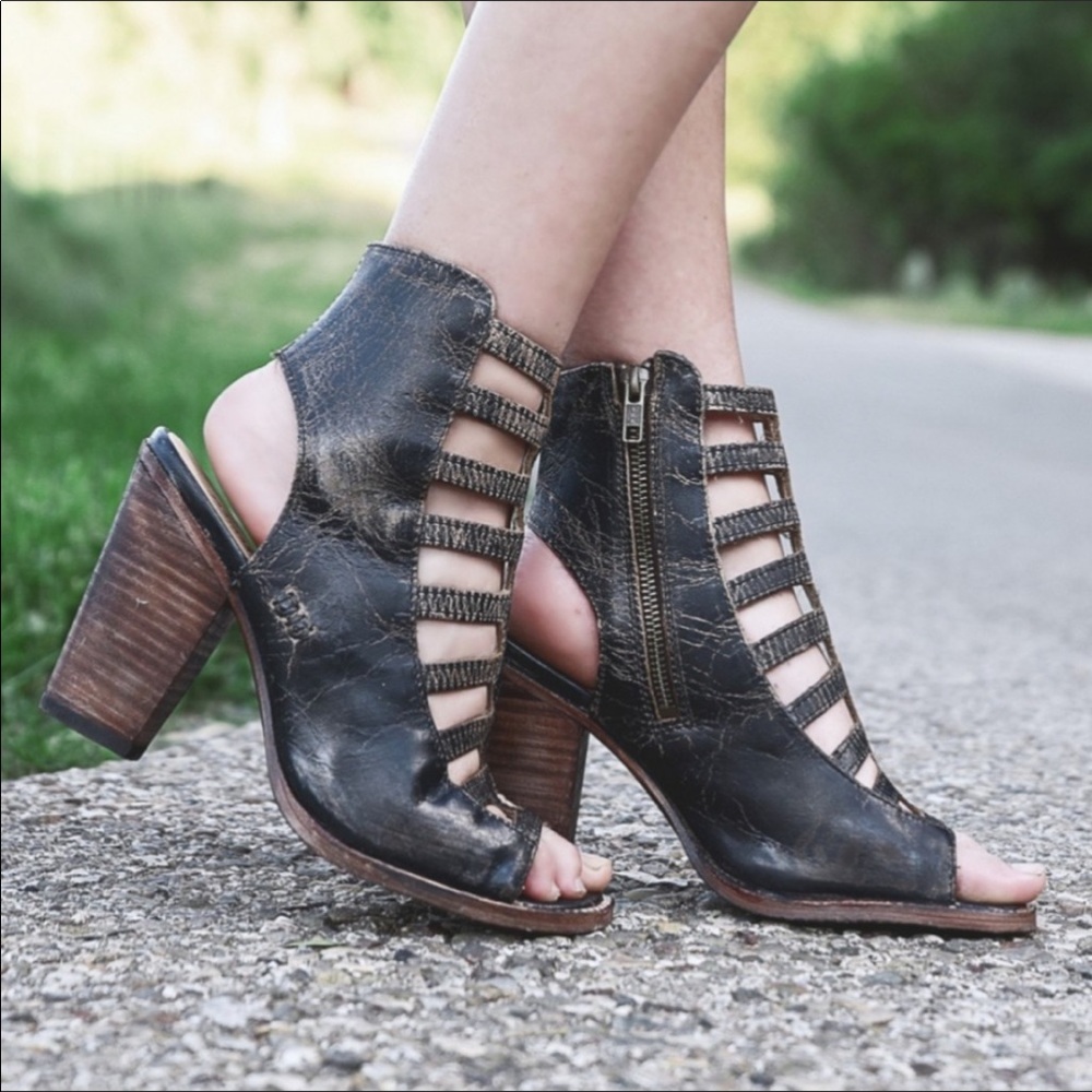 Bed Stu Occam Peep Toe Heeled sandal bootie Black Lux
